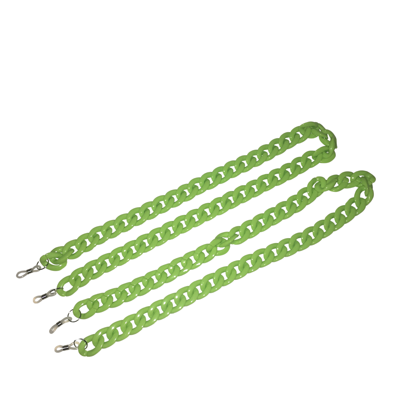 Two lime-green chunky acrylic link chain straps with rubber loop connectors to fit onto sunglasses or glasses, against a white background.