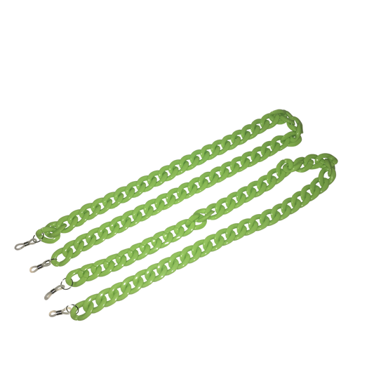Two lime-green chunky acrylic link chain straps with rubber loop connectors to fit onto sunglasses or glasses, against a white background.