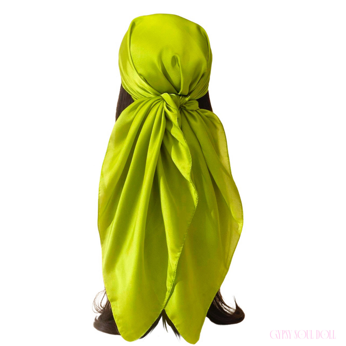 Vibrant lime green satin bohemian festival head wrap scarf tied in a gypsy bandana style on long dark hair.