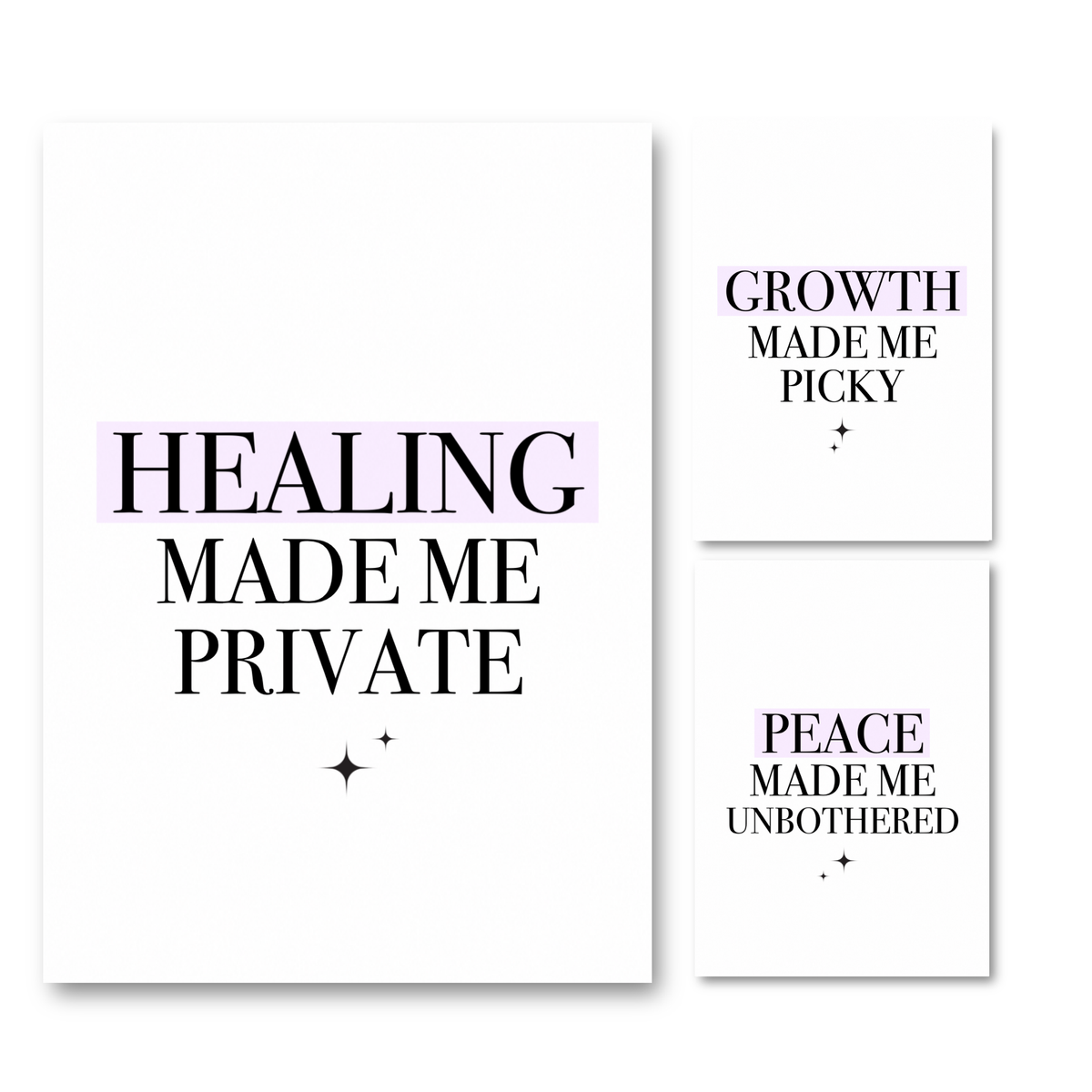 Growth Made Me Picky typography A4 poster print set featuring minimalist black text and lilac highlight bars for babe cave wall decor.
