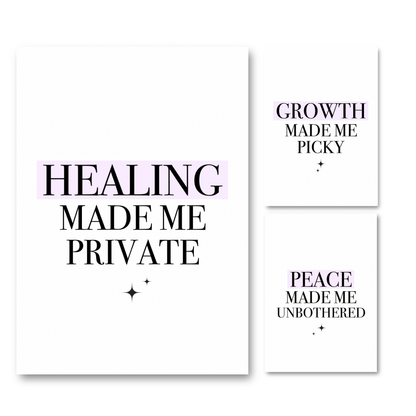 Growth Made Me Picky typography A4 poster print set featuring minimalist black text and lilac highlight bars for babe cave wall decor.