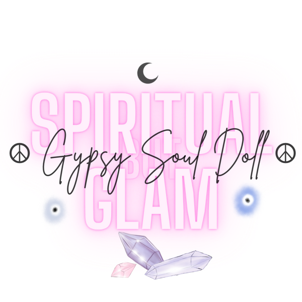 Gypsy Soul Doll Studio official pink neon logo featuring the bold words Spiritual Glam, script typography, raw quartz crystals, a crescent moon, and defensive evil eyes on a transparent background.