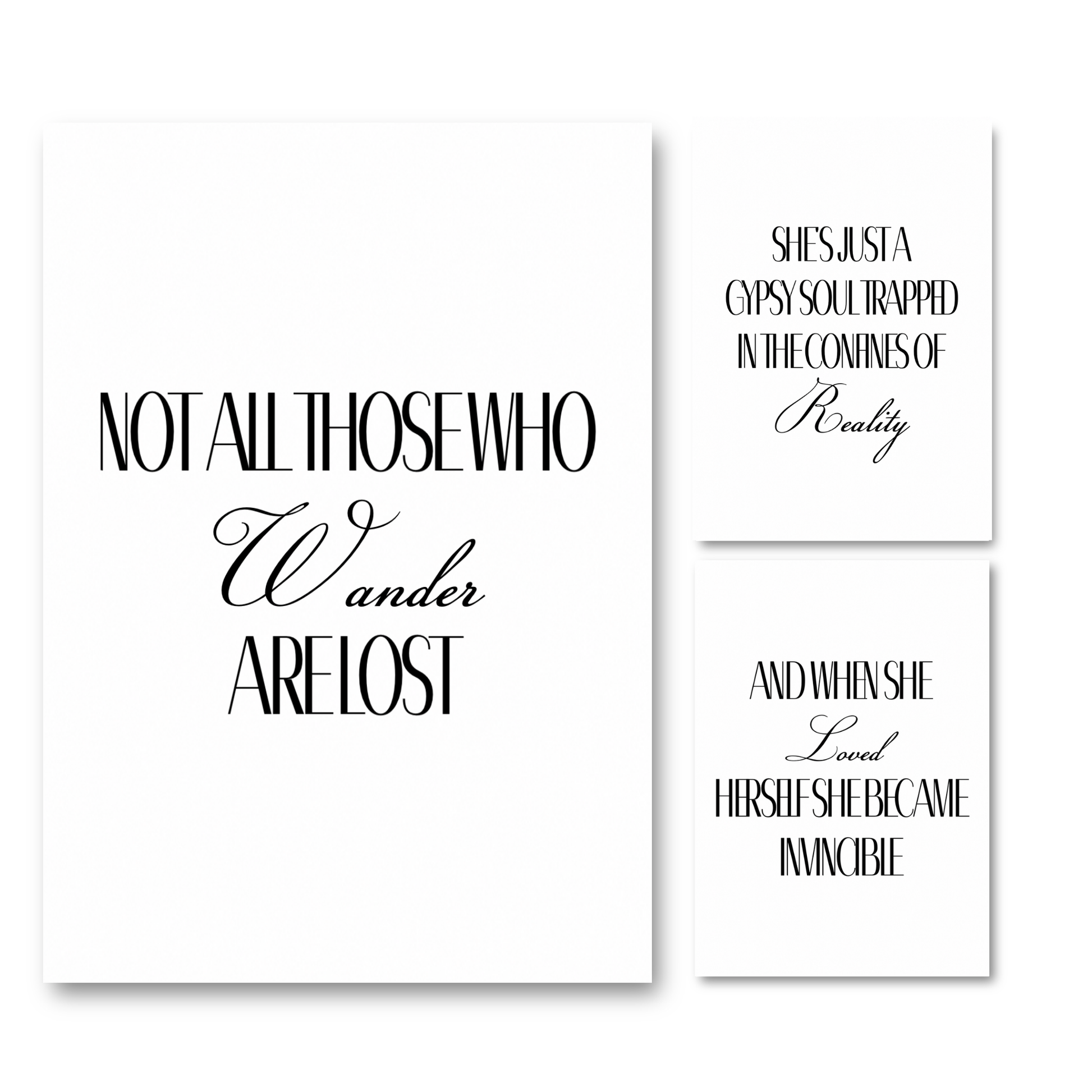 Set of three minimalist black and white typography prints featuring the quote Not All Those Who Wander Are Lost alongside Gypsy Soul and self-love affirmations.