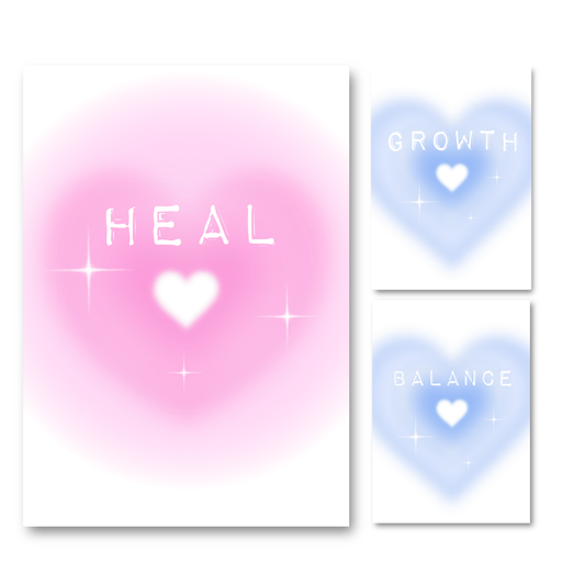 Set of three minimalist typography prints featuring a large pink aura heart print reading Heal and two smaller blue aura heart prints reading Growth and Balance.