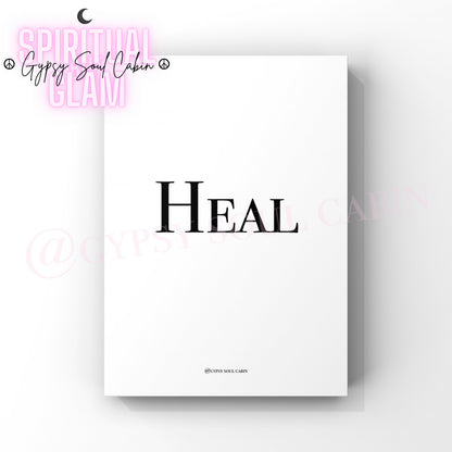 Minimalist A4 black and white typography wall art print featuring the single word HEAL centered on a clean white background.