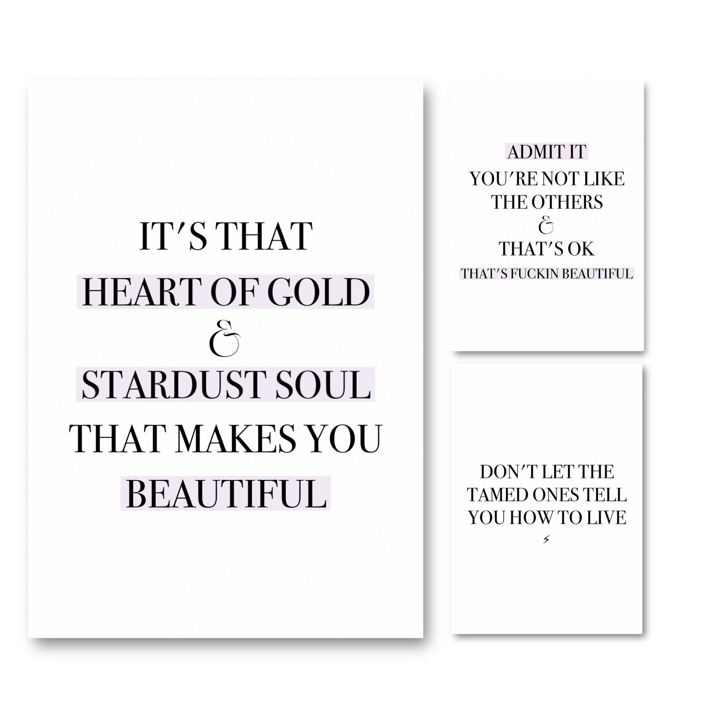 Set of three minimalist black and white typography prints featuring the quote It's That Heart Of Gold & Stardust Soul That Makes You Beautiful alongside sassy individuality and free-spirit motivation posters with pink highlights.