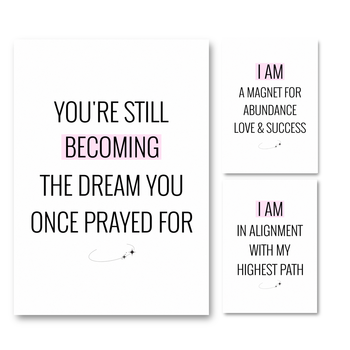 Highest Path manifestation print set featuring minimalist black typography and soft pink highlight bars for spiritual sanctuary wall decor by Gypsy Soul Doll.
