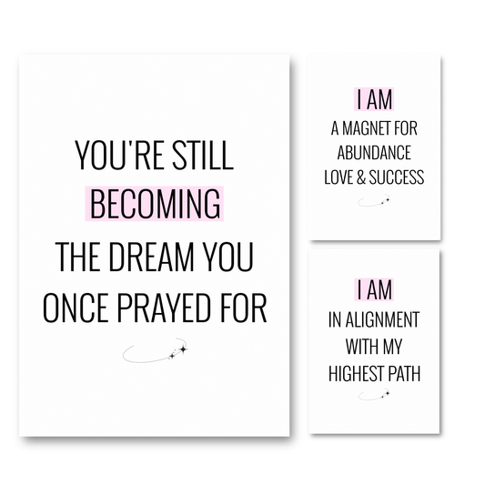 Highest Path manifestation print set featuring minimalist black typography and soft pink highlight bars for spiritual sanctuary wall decor by Gypsy Soul Doll.