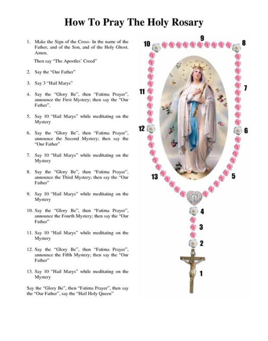 An instructional spiritual art print titled How To Pray The Holy Rosary, featuring a 13-step guide alongside a numbered diagram of pink rose-bud rosary beads that frame an illustration of the Virgin Mary.