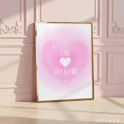 A4 pink aura heart gradient wall art print featuring a white centre heart with the text I Am 777 A Lucky Girl and soft star sparkles.