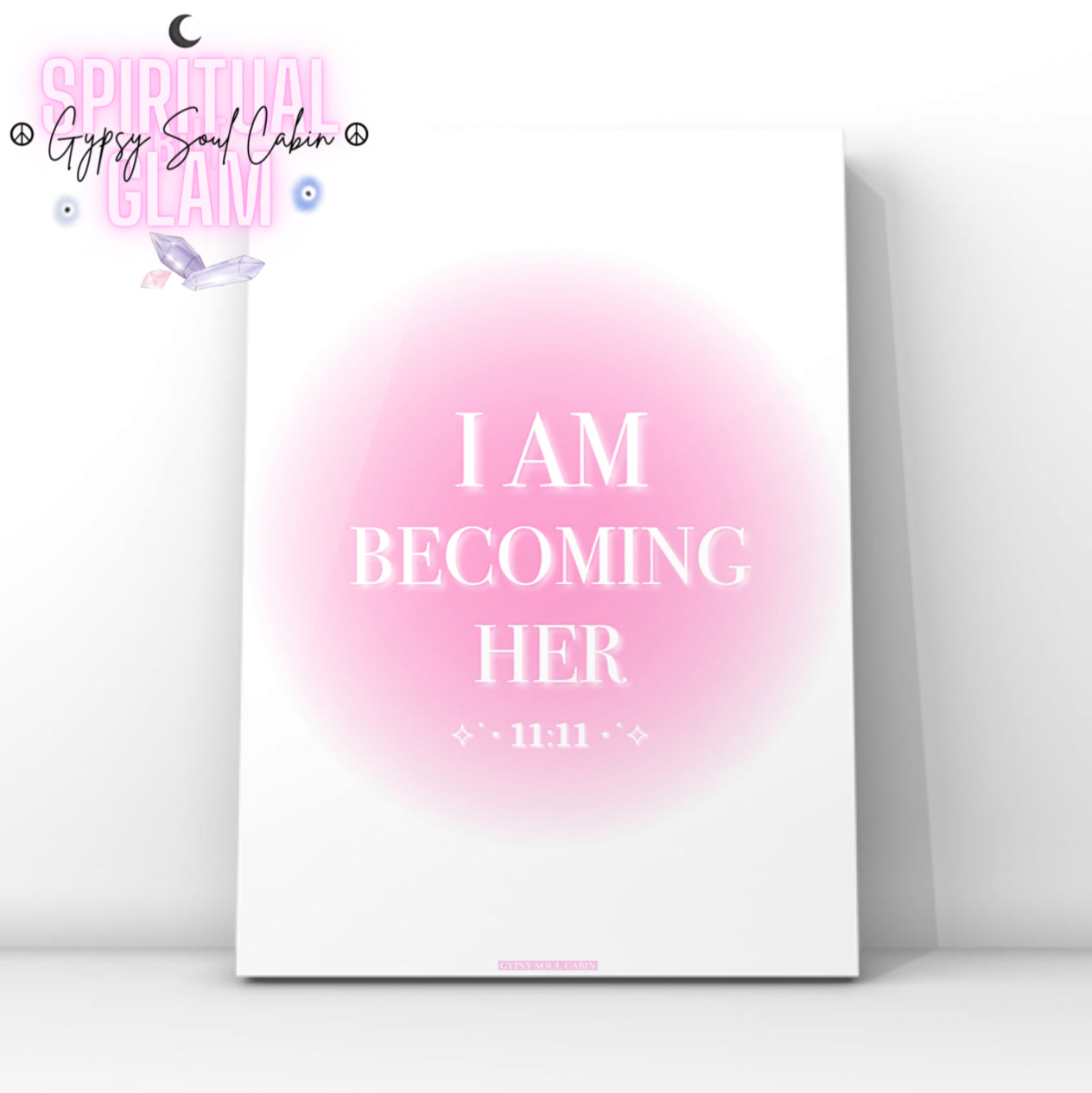 Minimalist A4 soft pink gradient aura poster for personal development displaying the text I Am Becoming Her with the 11:11 angel number reminder.