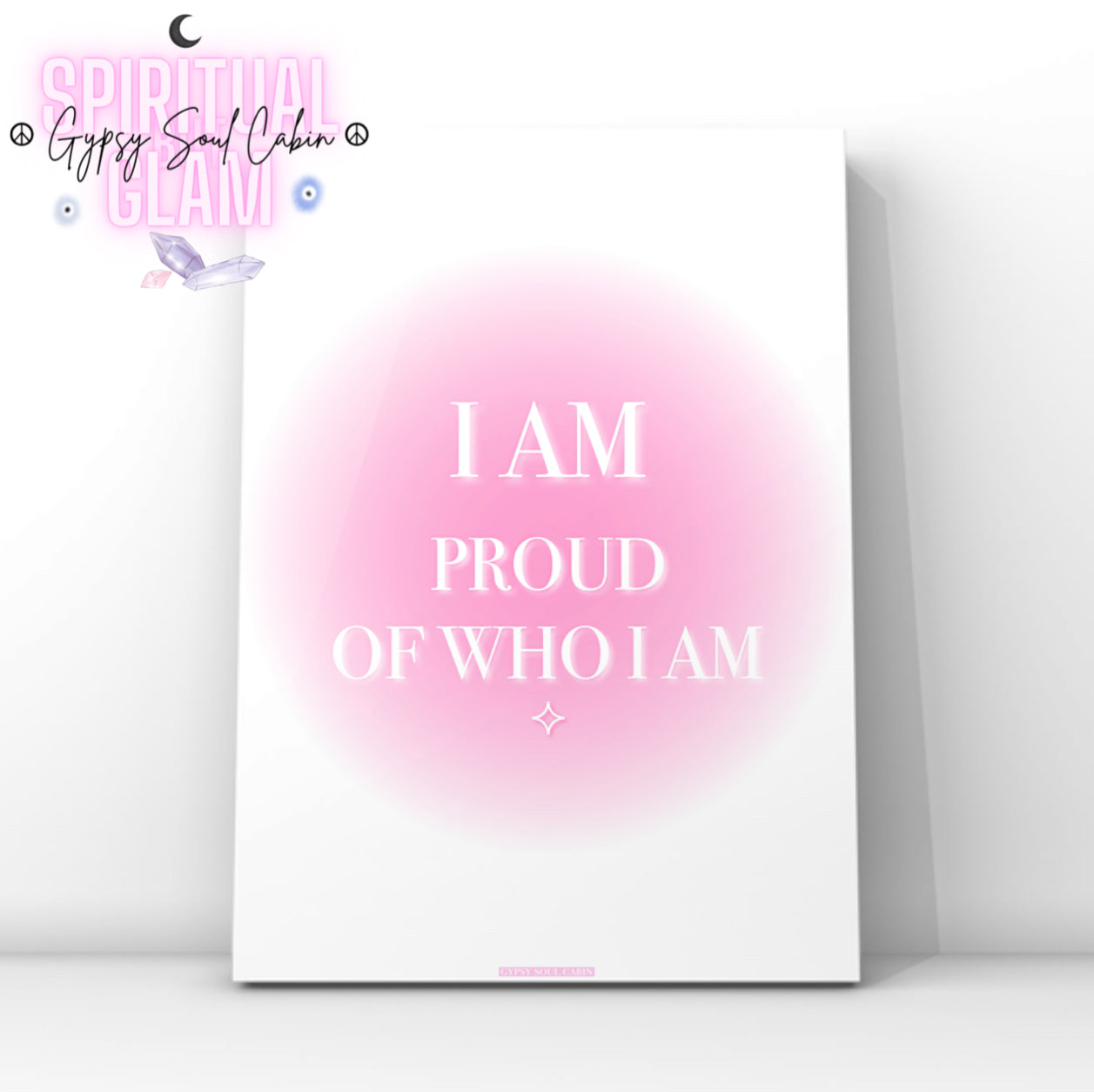 Minimalist soft pink gradient aura typography quote print featuring the comforting mental health affirmation text I Am Proud Of Who I Am.