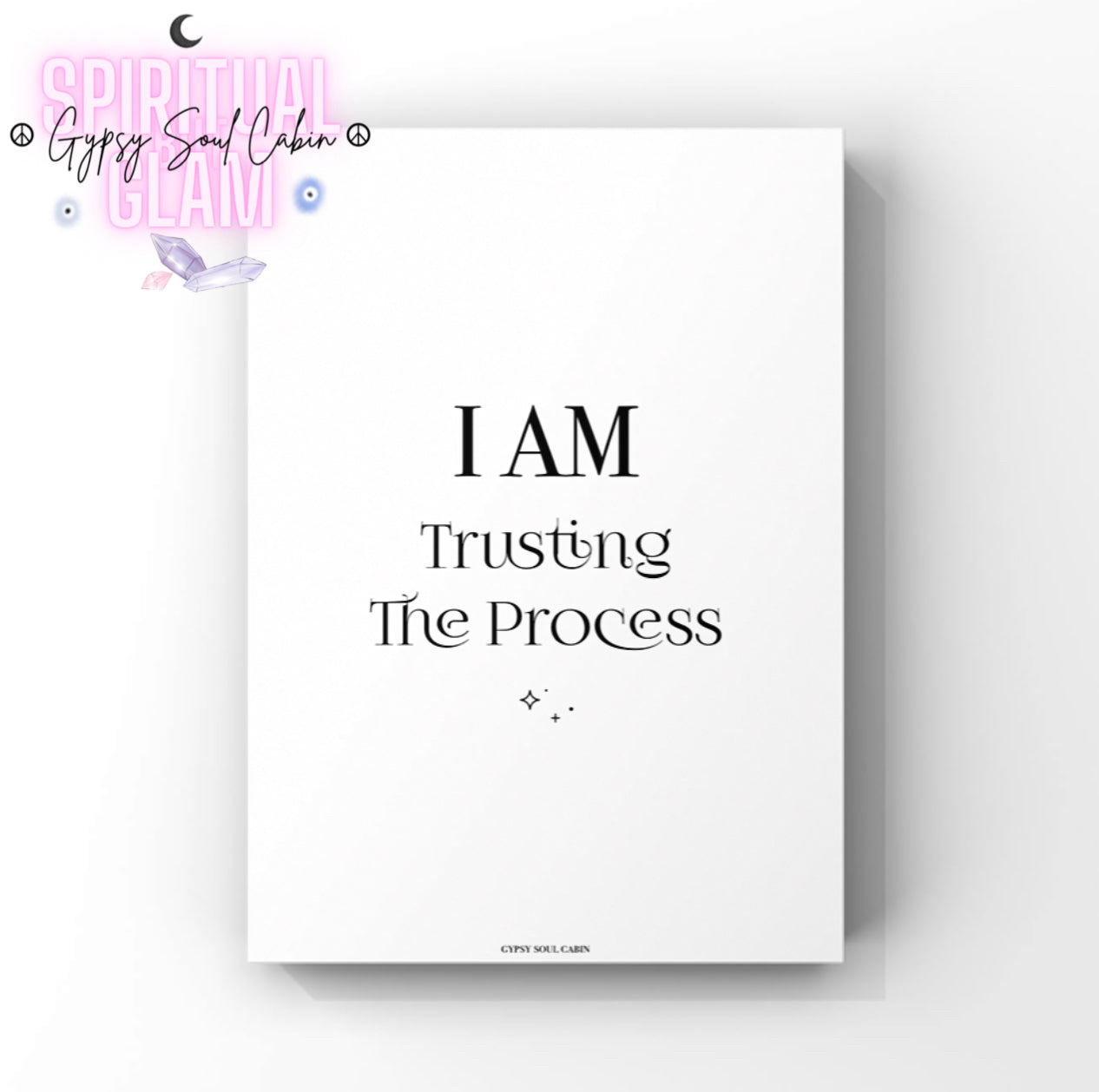 Minimalist A4 typography poster print displaying the powerful affirmation text | Am Trusting The Process in a mix of classic serif, elegant script, and thin block lettering centred on a white background.