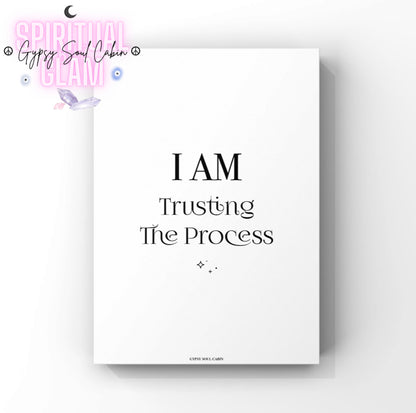 Minimalist A4 typography poster print displaying the powerful affirmation text | Am Trusting The Process in a mix of classic serif, elegant script, and thin block lettering centred on a white background.