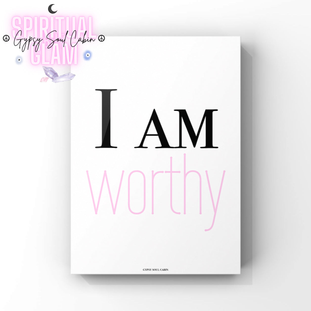 Minimalist A4 positive affirmation wall art print featuring the text I AM in bold black font and the word worthy in a delicate, modern pink font on a clean white background.