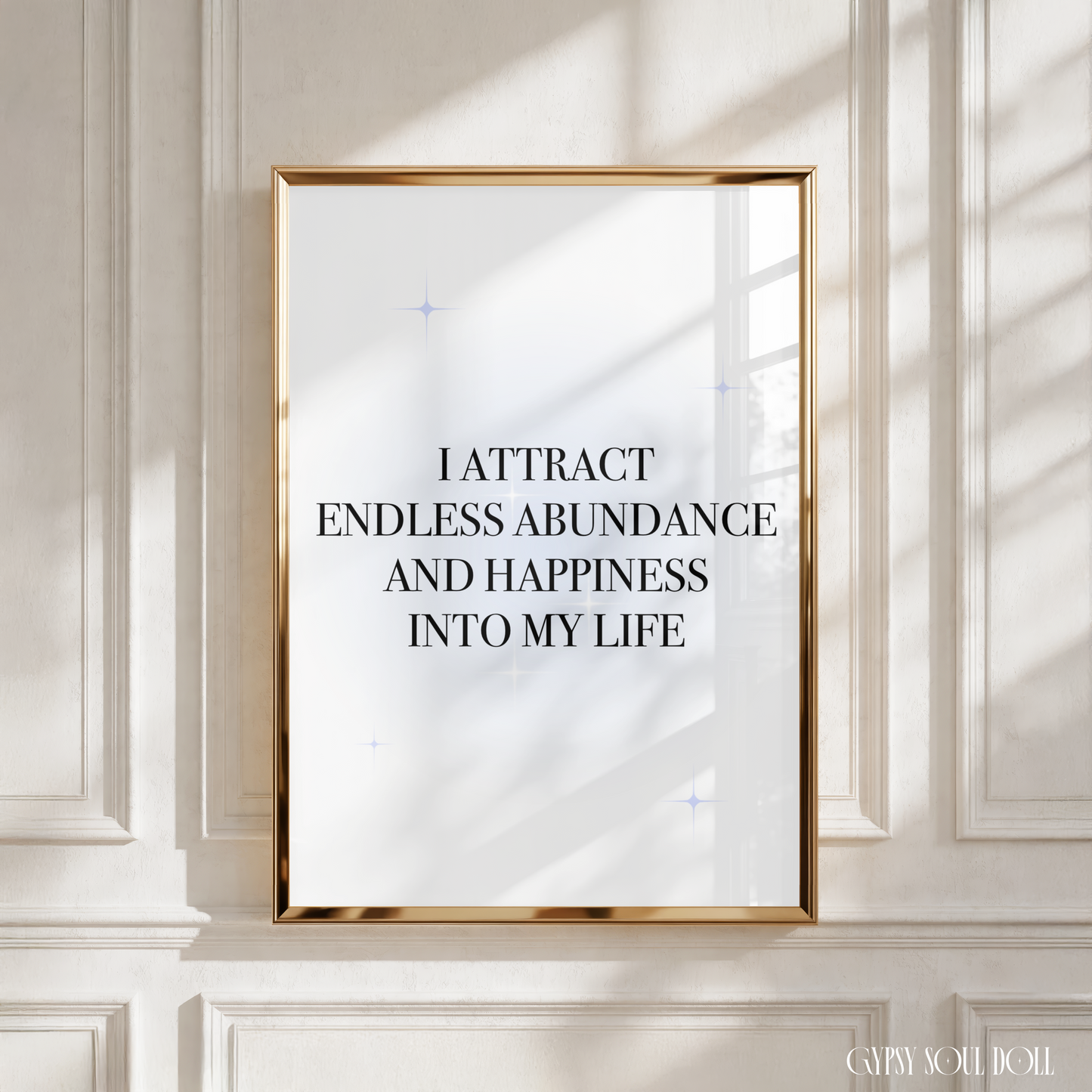 Spiritual typography print with a soft blue aura background reading I Attract Endless Abundance And Happiness Into My Life with delicate star glints.