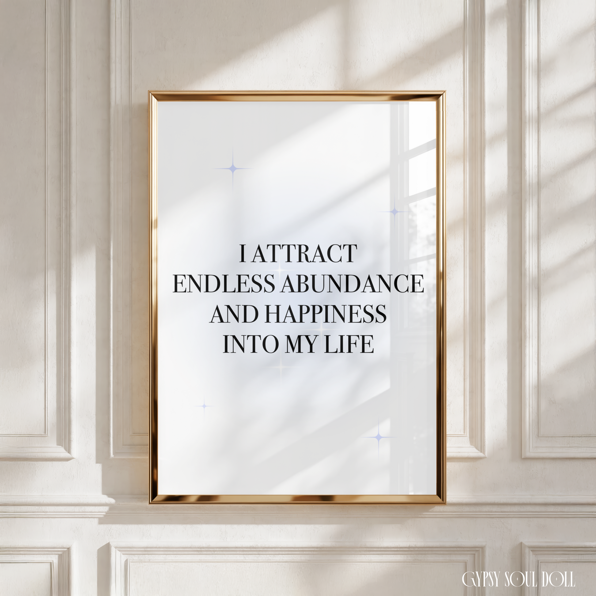 Spiritual typography print with a soft blue aura background reading I Attract Endless Abundance And Happiness Into My Life with delicate star glints.