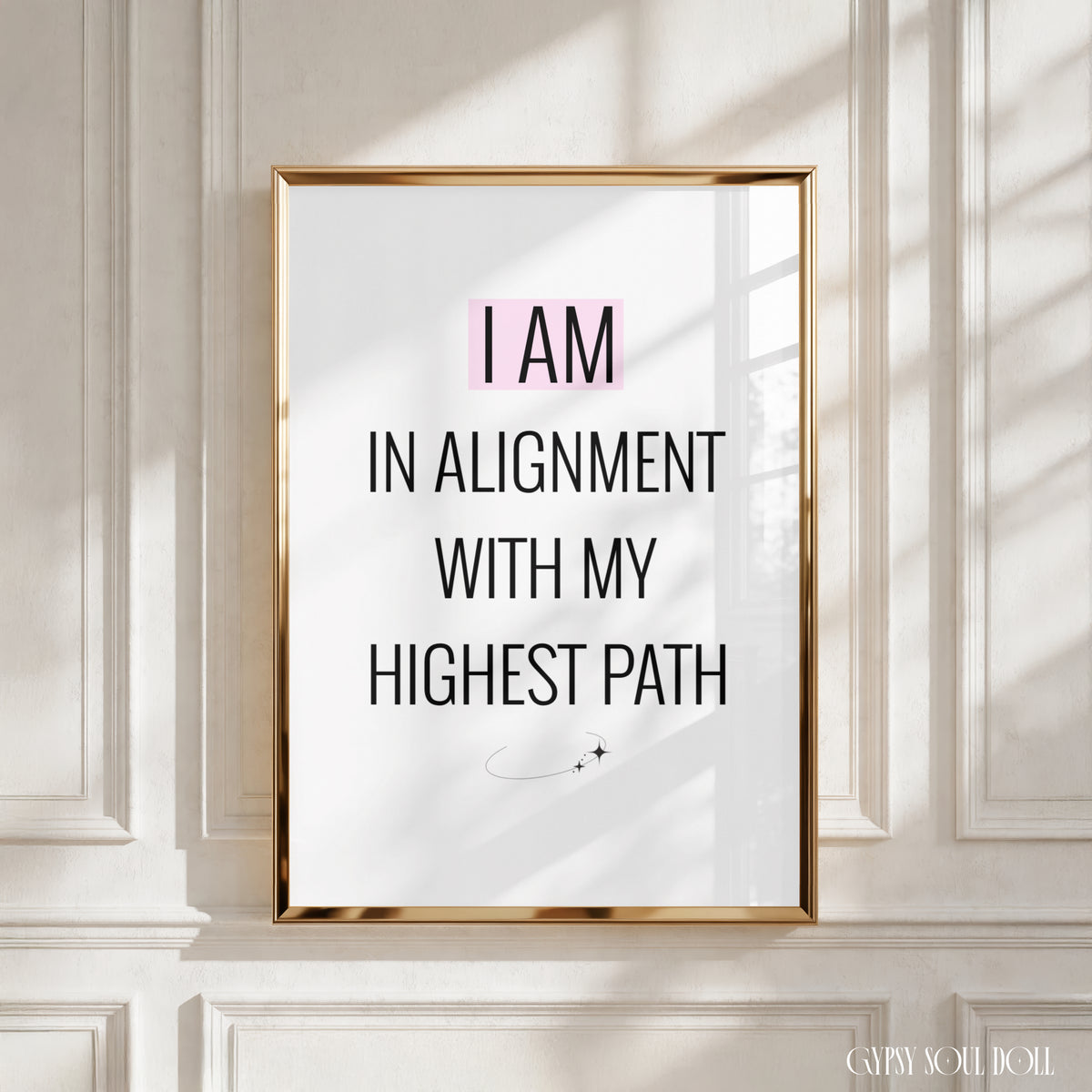 I Am In Alignment With My Highest Path cosmic babe spiritual baddie typography print with a pink highlight block accent.