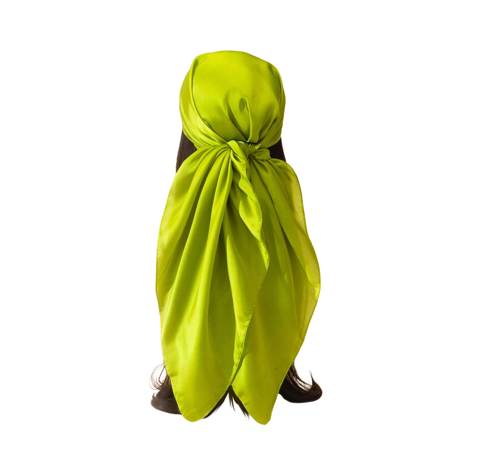 Vibrant lime green satin bohemian festival head wrap scarf tied in a gypsy bandana style on long dark hair.