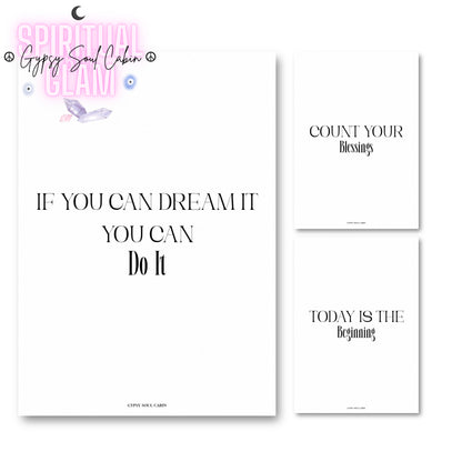 Set of three minimalist black and white typography prints featuring classic motivational quotes and gratitude affirmations.