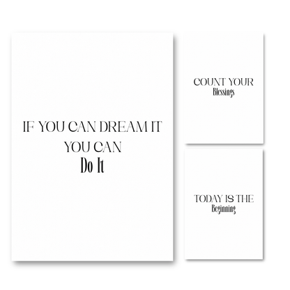Set of three minimalist black and white typography prints featuring classic motivational quotes and gratitude affirmations.