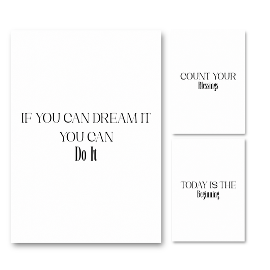 Set of three minimalist black and white typography prints featuring classic motivational quotes and gratitude affirmations.