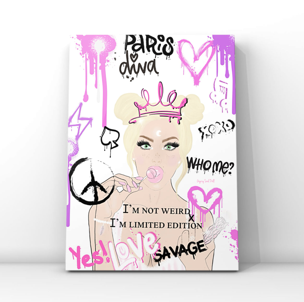Pink and purple pop art print featuring an illustrated Y2K style girl with a crown and a lollipop, surrounded by graffiti spray text reading "I'm Not Weird, I'm Limited Edition."