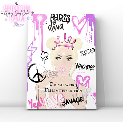 Pink and purple pop art print featuring an illustrated Y2K style girl with a crown and a lollipop, surrounded by graffiti spray text reading “I'm Not Weird, I'm Limited Edition.”