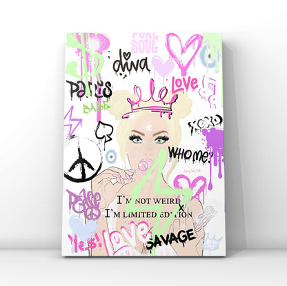 vibrant colour pop art print featuring an illustrated Y2K style girl with a crown and a lollipop, surrounded by graffiti spray text reading "I'm Not Weird, I'm Limited Edition."