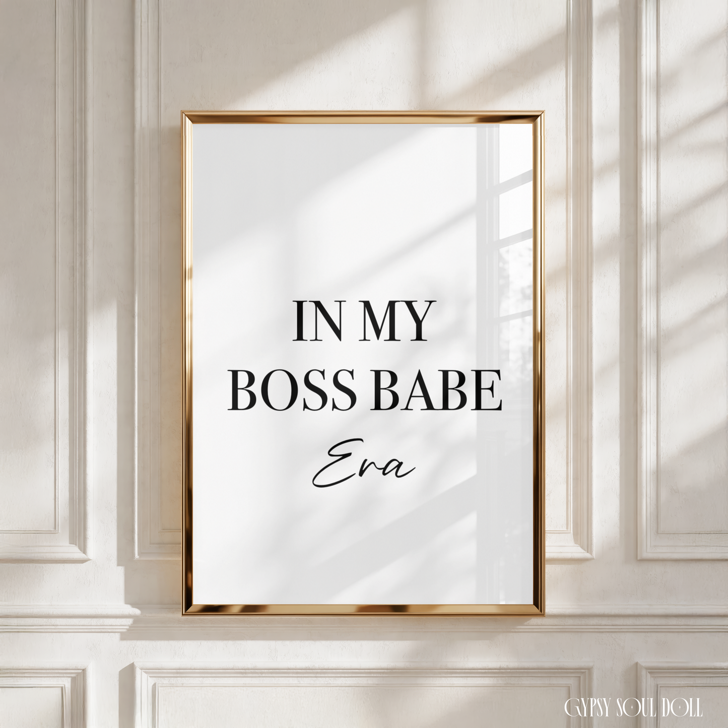 Minimalist white A4 office print featuring the elegant black typography text In My Boss Babe Era mixed with a delicate cursive script font.