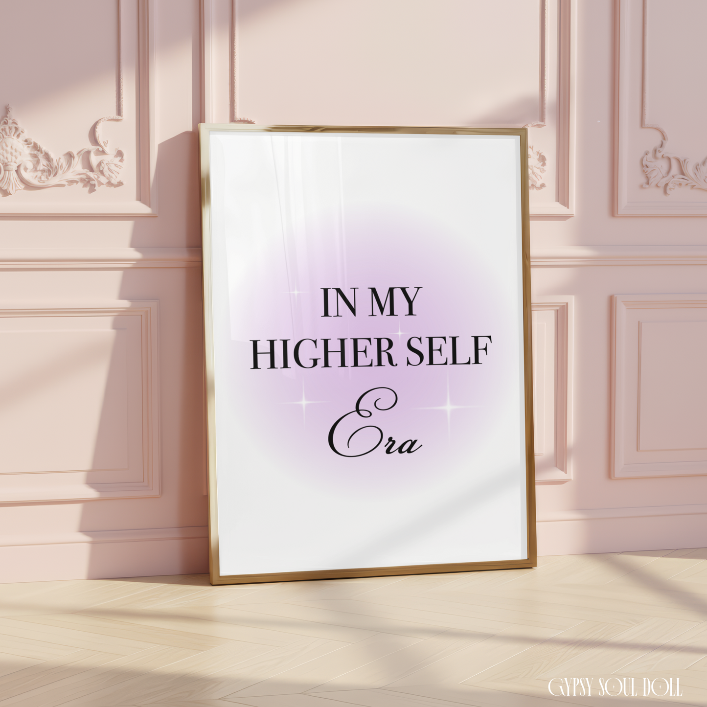Contemporary manifestation wall art print with a soft purple aura glow reading In My Higher Self Era in bold black capital letters and elegant script.