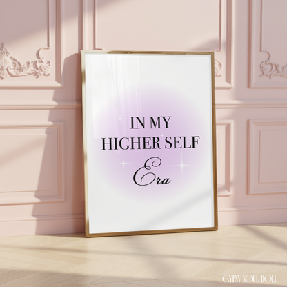 Contemporary manifestation wall art print with a soft purple aura glow reading In My Higher Self Era in bold black capital letters and elegant script.