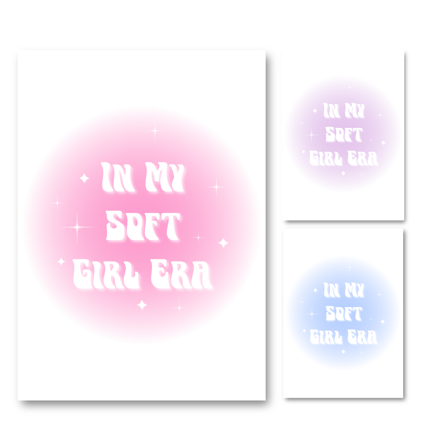 In My Soft Girl Era, aura gradient typography print displayed in three colour options including soft pink, lavender purple, and dreamy pastel blue, on a clean white borderless background.