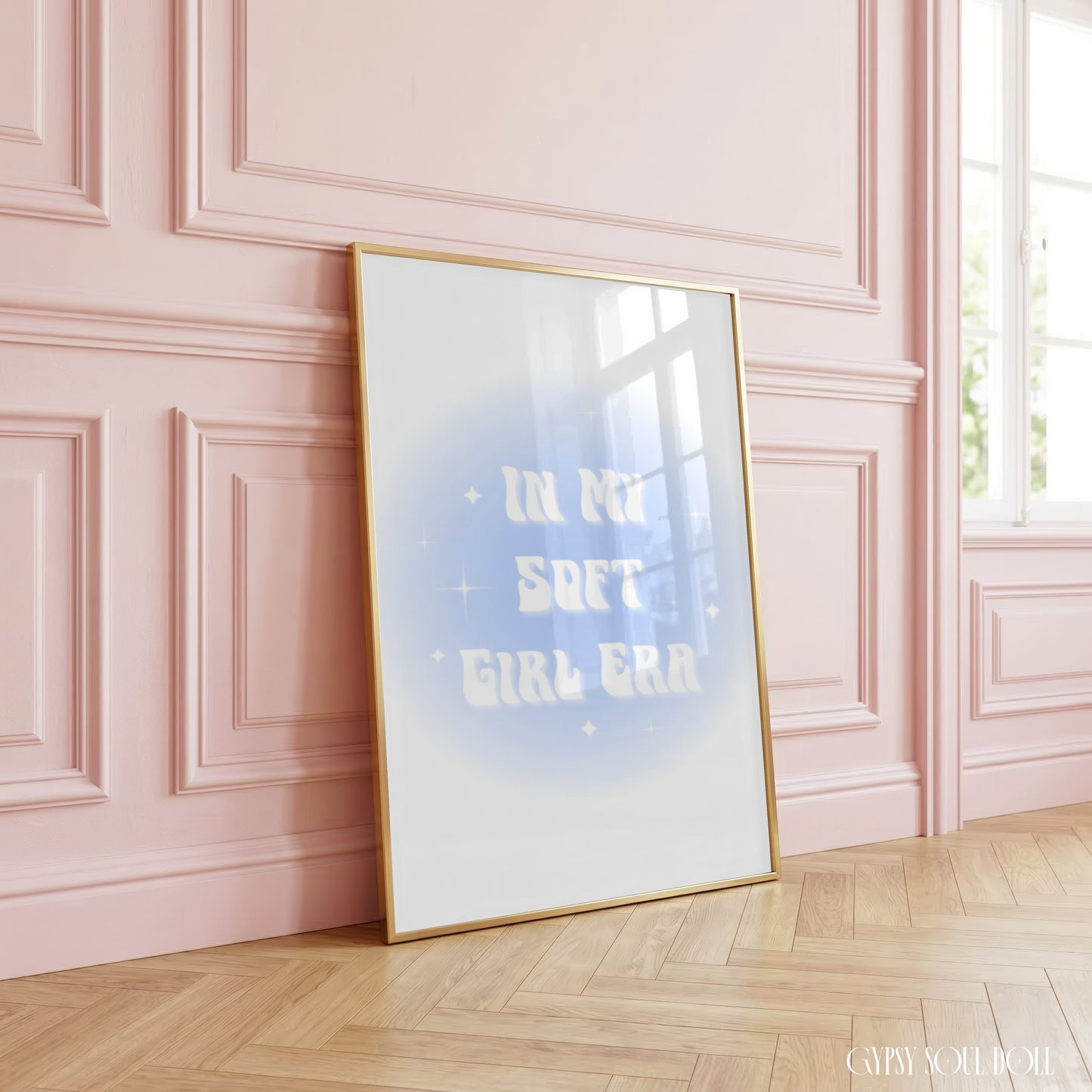 In My Soft Girl Era, aura gradient typography print featuring a celestial pastel blue aesthetic glow and retro white lettering on a clean white background.