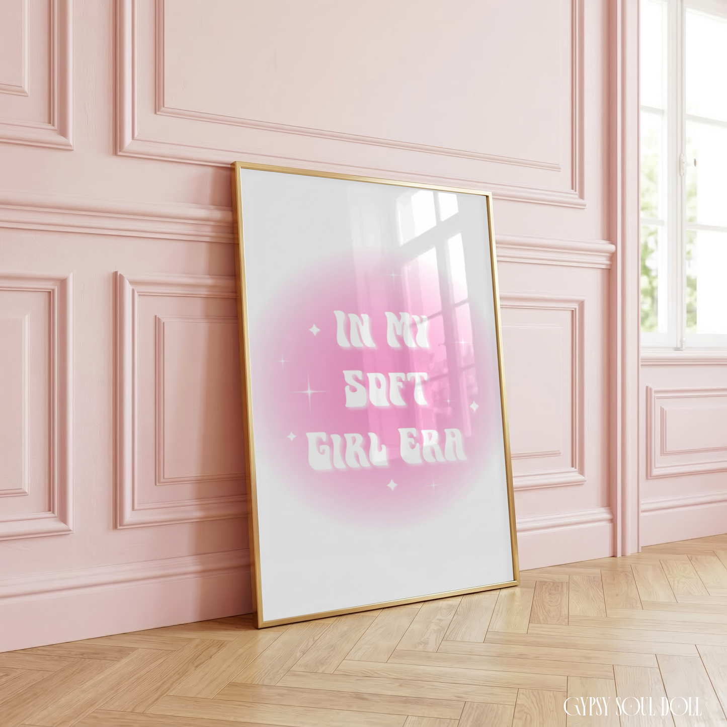 In My Soft Girl Era, the aura gradient typography print features a soft pink aesthetic glow and retro white lettering on a clean white background.