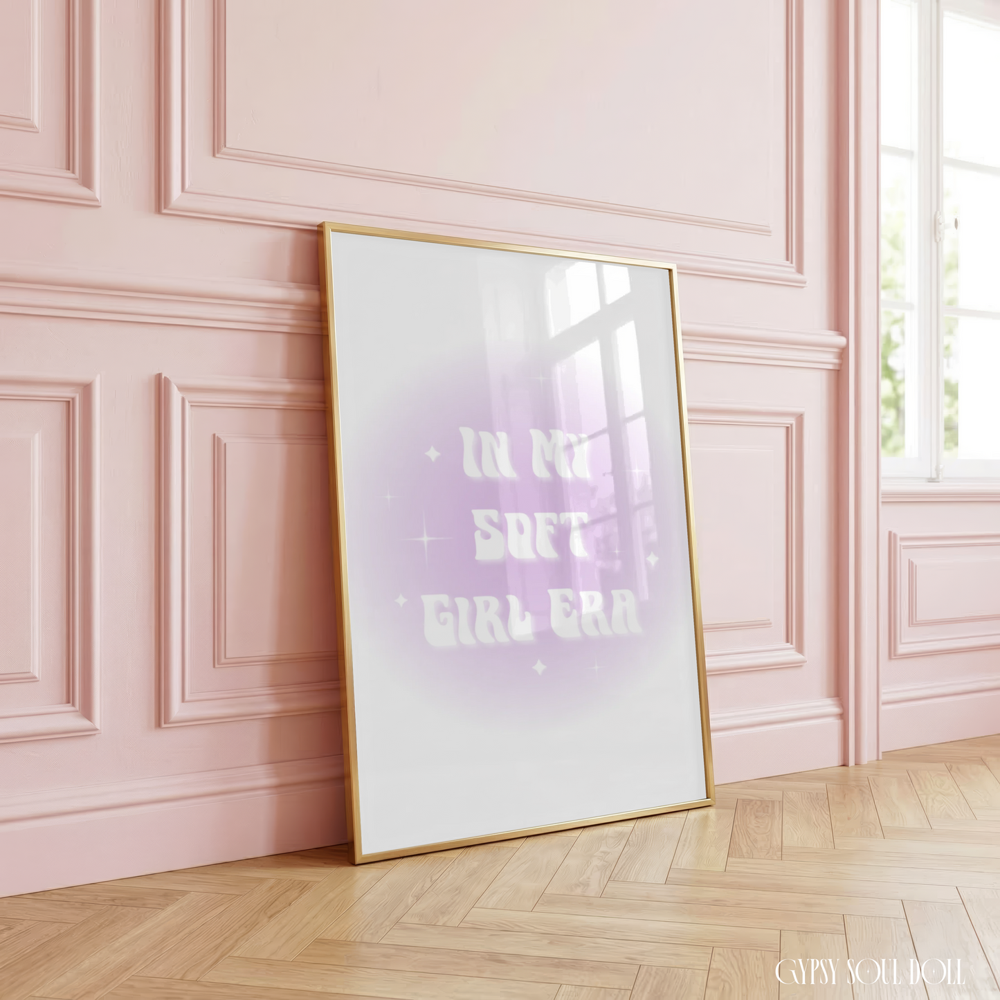 In My Soft Girl Era, aura gradient typography print featuring a dreamy lavender purple aesthetic glow and retro white lettering on a clean white background.