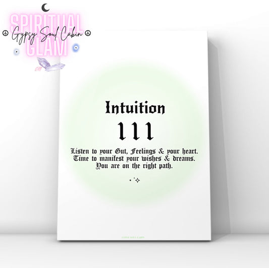 Minimalist A4 spiritual wall art print featuring a soft green aura gradient background with bold black gothic typography reading Intuition 111 and a manifestation guide text block.