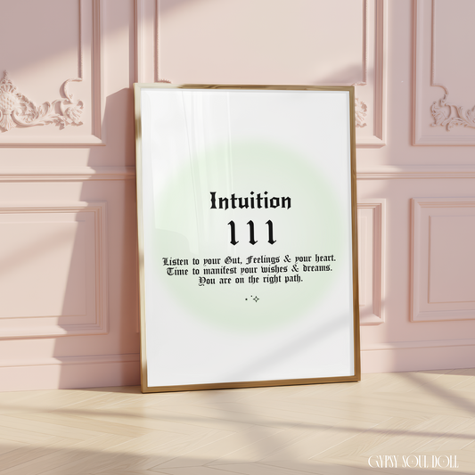 Minimalist A4 spiritual wall art print featuring a soft green aura gradient background with bold black gothic typography reading Intuition 111 and a manifestation guide text block.