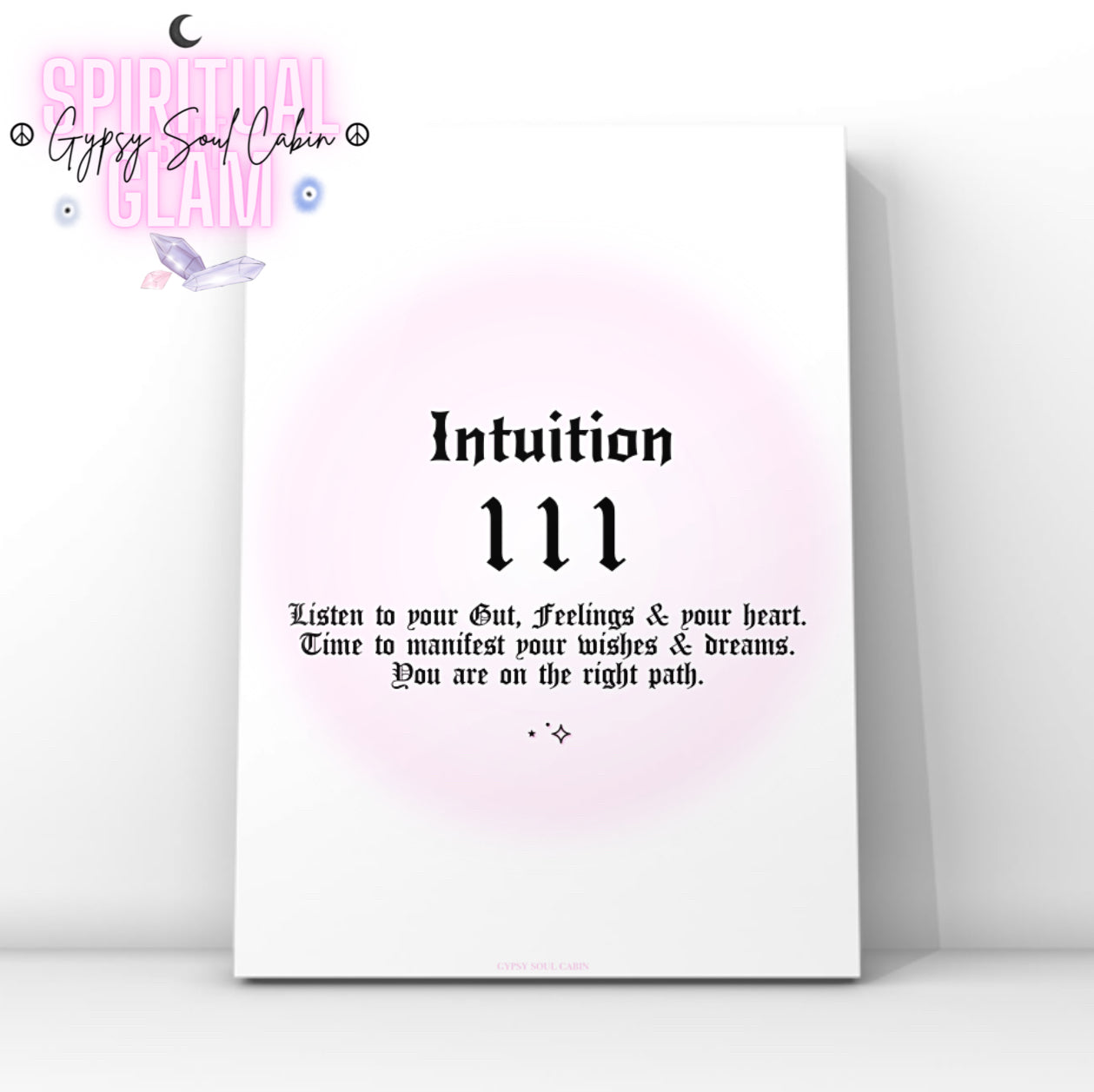 Minimalist A4 spiritual wall art print featuring a soft pink aura gradient background with bold black gothic typography reading Intuition 111 and a manifestation guide text block.