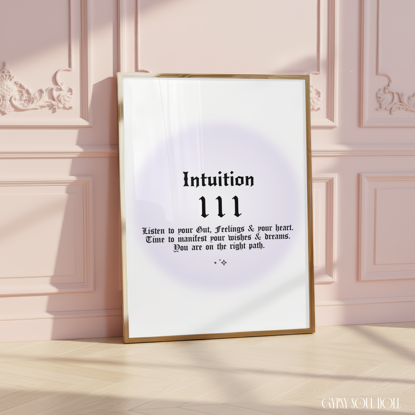 Minimalist A4 spiritual wall art print featuring a soft purple aura gradient background with bold black gothic typography reading Intuition 111 and a manifestation guide text block.