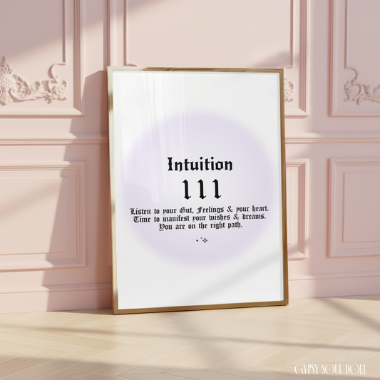 Minimalist A4 spiritual wall art print featuring a soft purple aura gradient background with bold black gothic typography reading Intuition 111 and a manifestation guide text block.