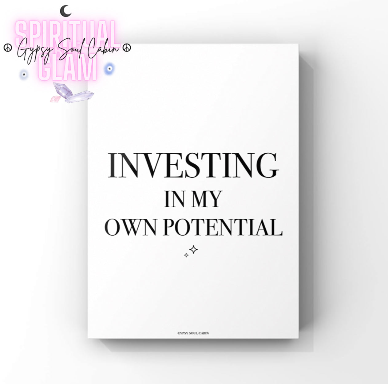 Minimalist A4 black and white typography wall art print featuring the motivational quote
Investing In My Own Potential with small star sparkles at the bottom.