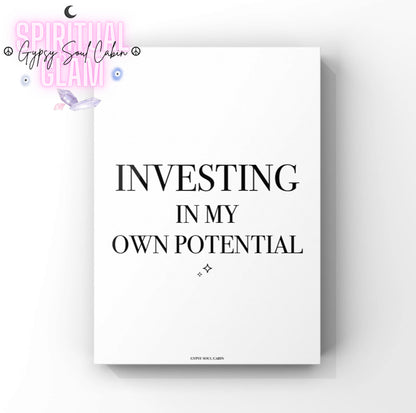 Minimalist A4 black and white typography wall art print featuring the motivational quote
Investing In My Own Potential with small star sparkles at the bottom.