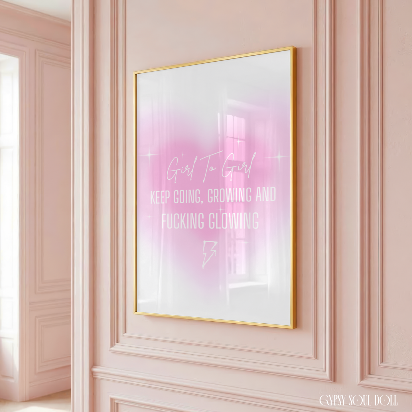 Minimalist A4 print featuring a central pastel pink aura heart gradient glow with bold white text reading Keep Going, Growing And Fucking Glowing and a lightning bolt.