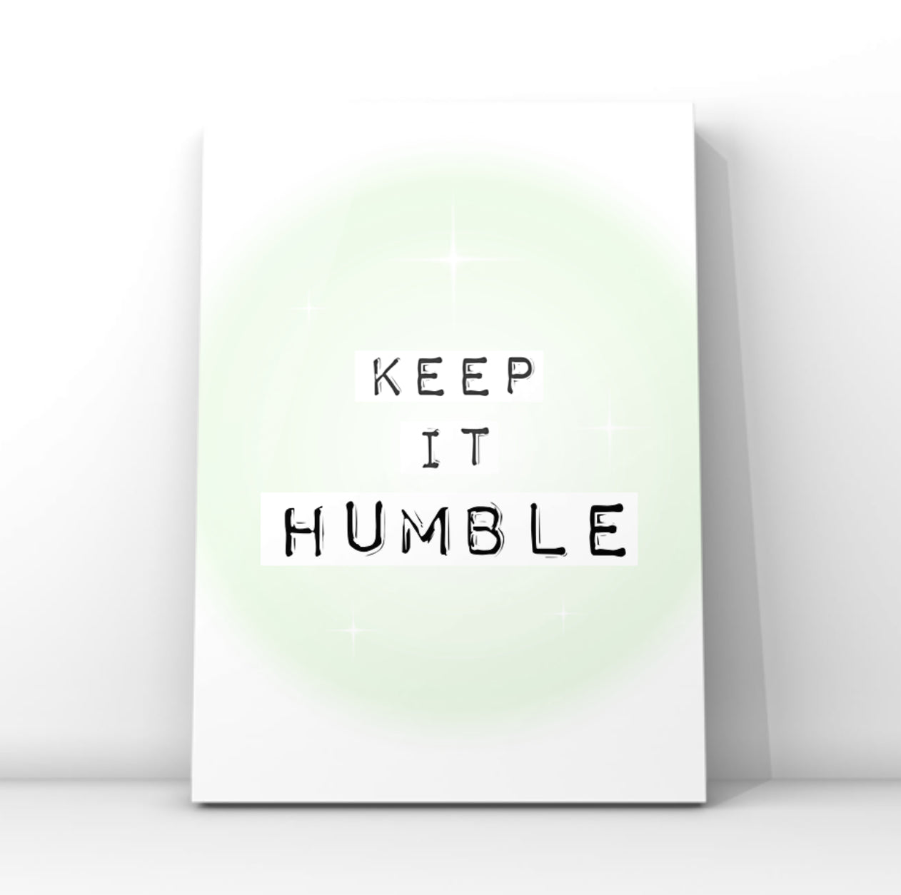 Minimalist typography print reading Keep It Real in black typewriter font over soft green gradient blocks and a glowing mint green aura background.