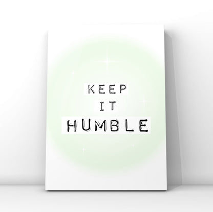 Minimalist typography print reading Keep It Real in black typewriter font over soft green gradient blocks and a glowing mint green aura background.