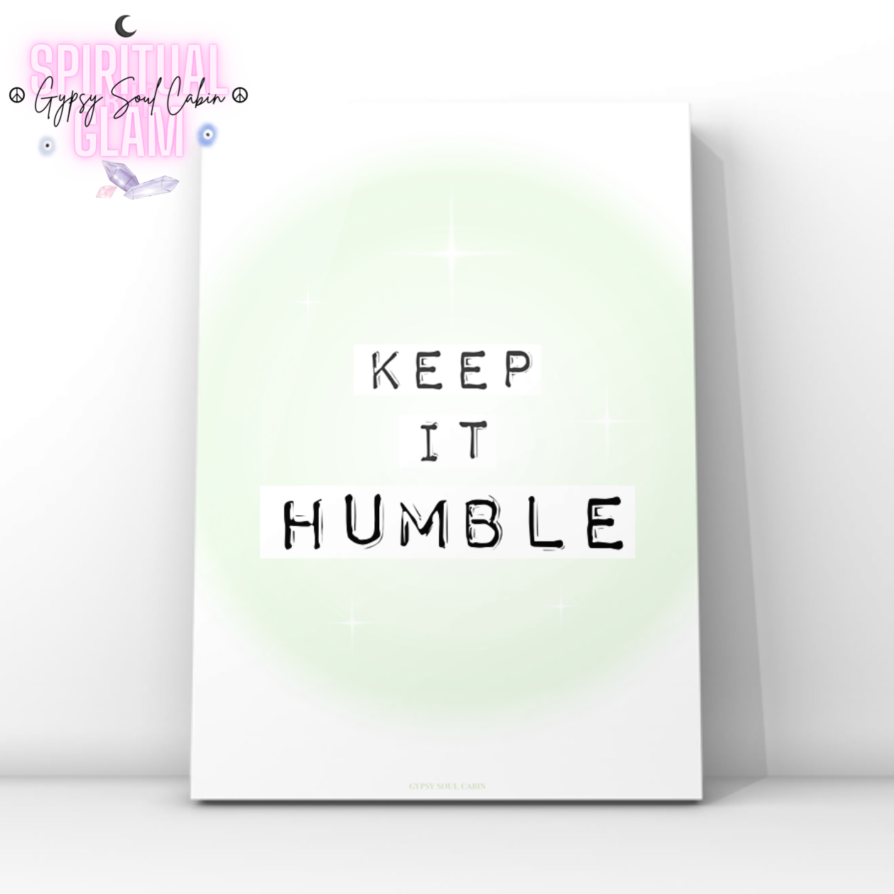 Minimalist typography print reading Keep It Real in black typewriter font over soft green gradient blocks and a glowing mint green aura background.