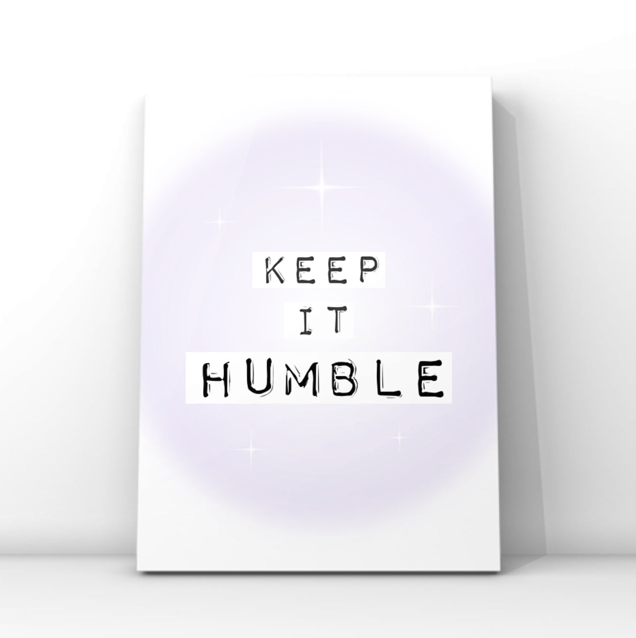 Minimalist typography print reading Keep It Real in black typewriter font over soft purple gradient blocks and a glowing lilac aura background.