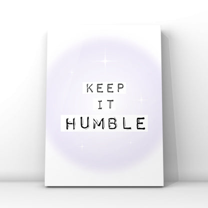 Minimalist typography print reading Keep It Real in black typewriter font over soft purple gradient blocks and a glowing lilac aura background.