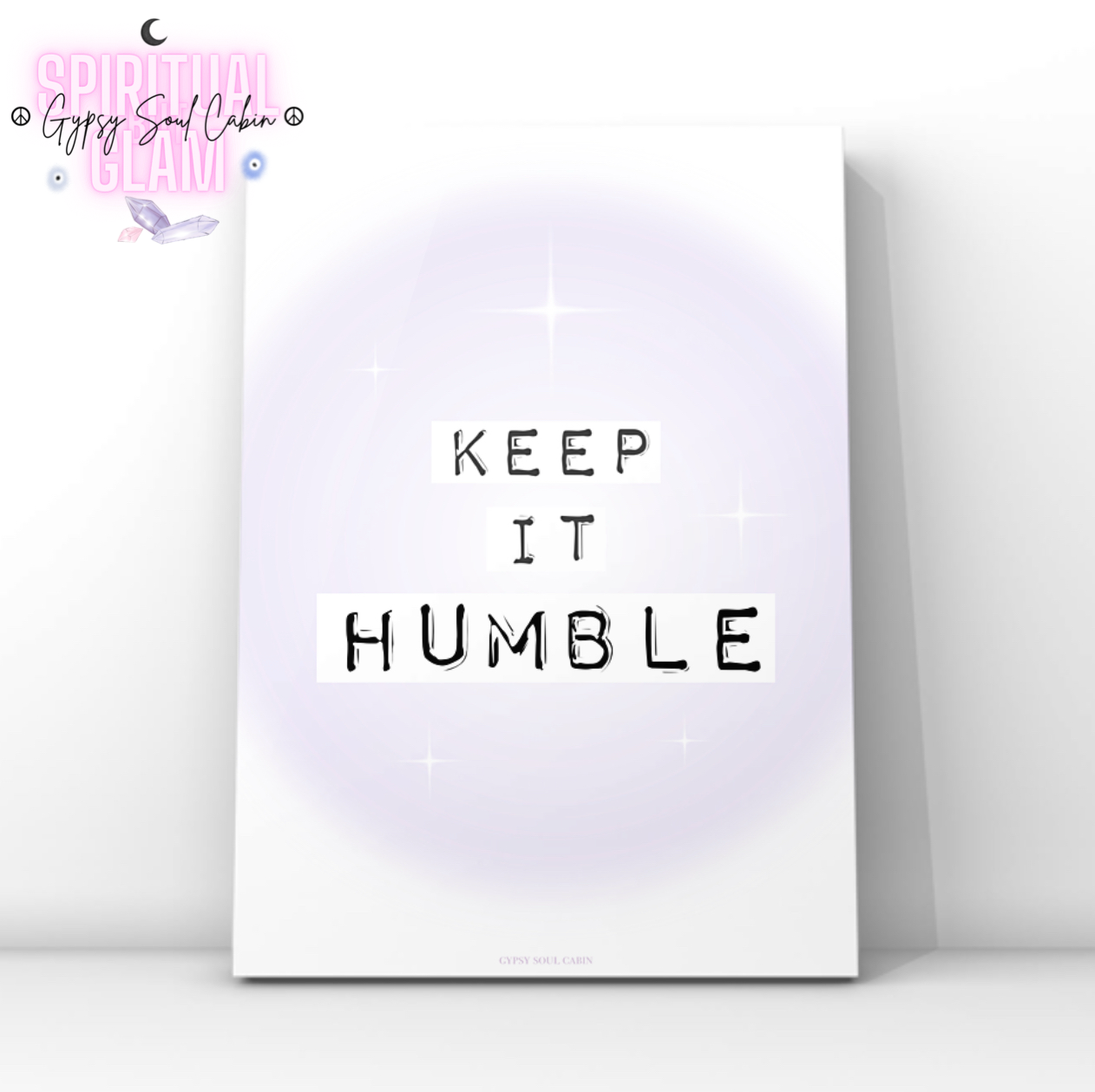 Minimalist typography print reading Keep It Real in black typewriter font over soft purple gradient blocks and a glowing lilac aura background.